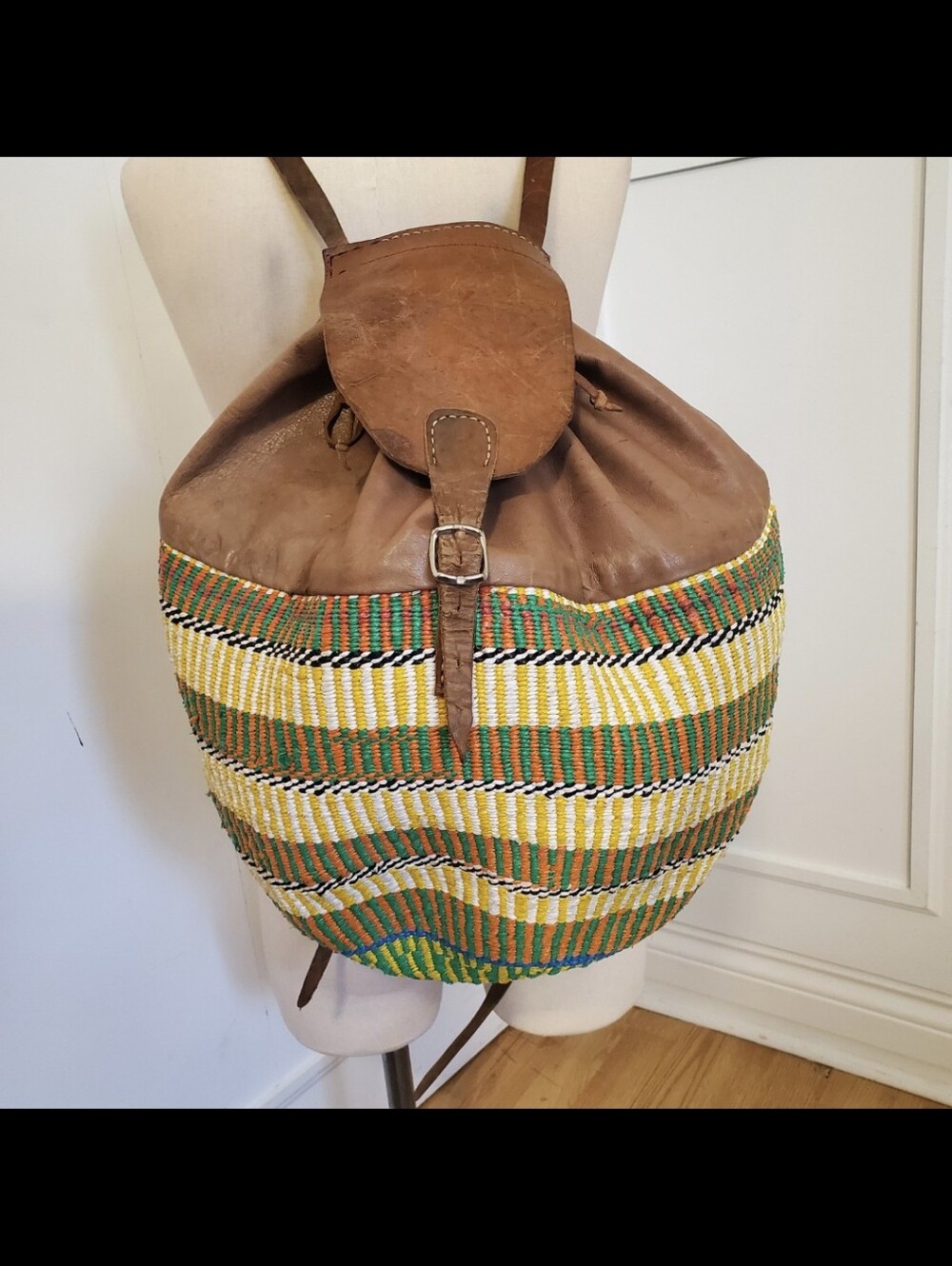 Vintage Sisal Bucket Backpack Extra Large Leather Handwoven Multi Travel Bag